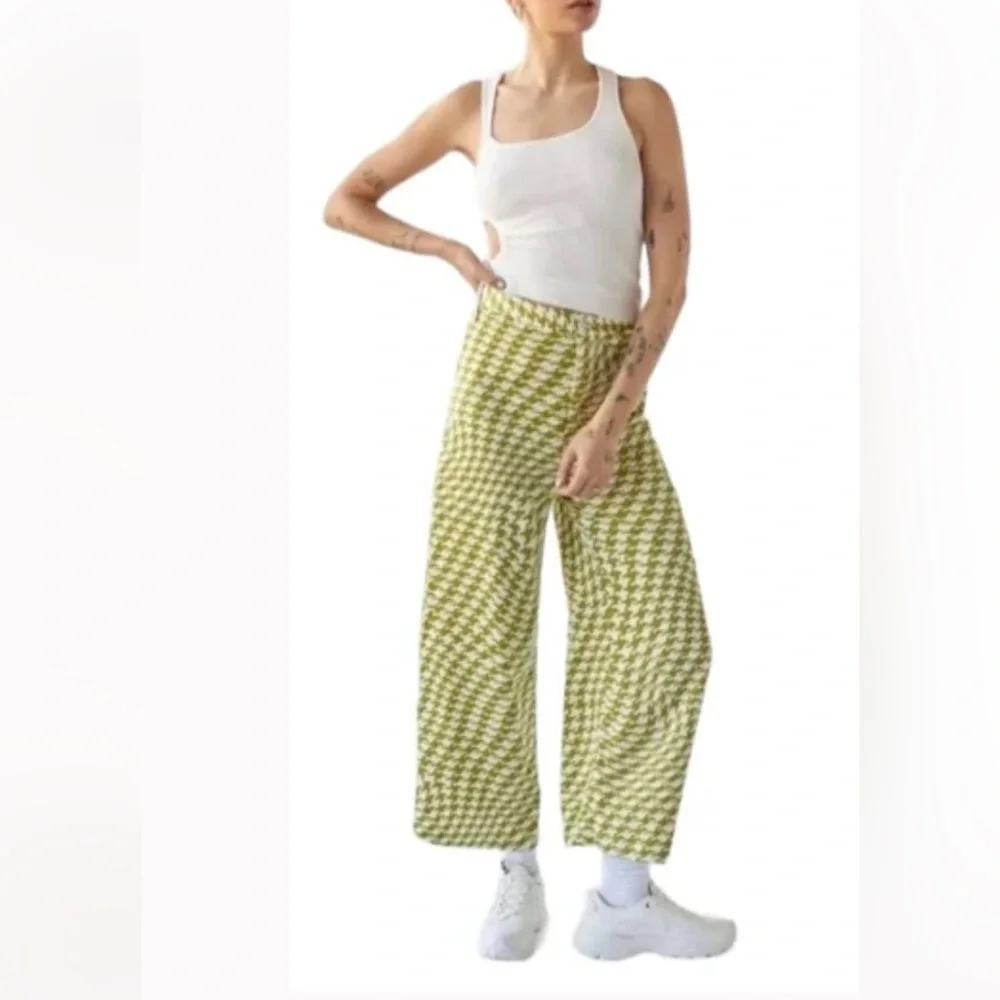 Urban Outfitters Olympia Crop Pants Mustard Green/White High Waisted Wide Leg L - Picture 6 of 7